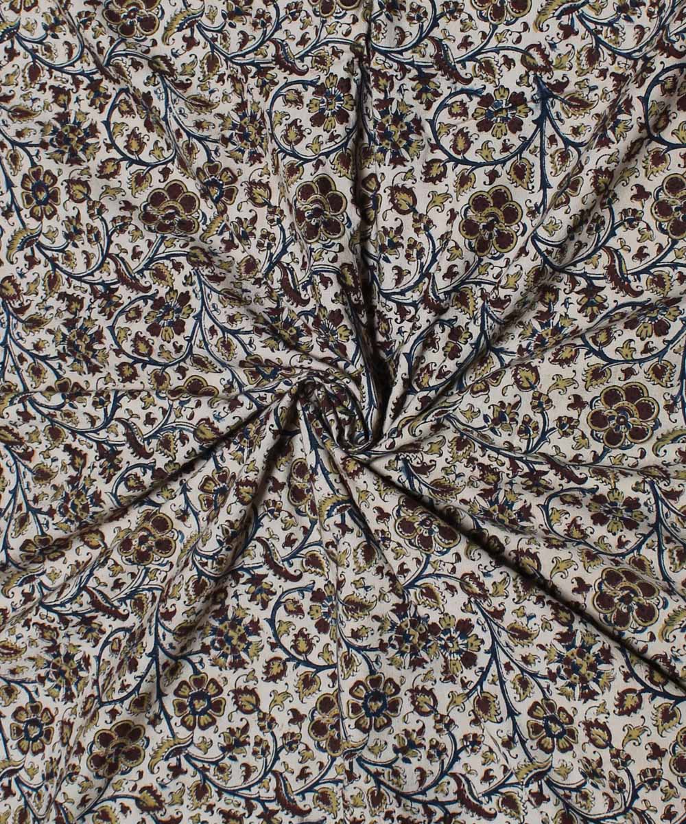 Beige brown handblock printed cotton kalamkari fabric