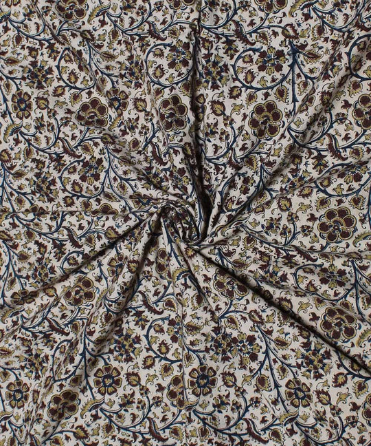 Beige brown handblock printed cotton kalamkari fabric