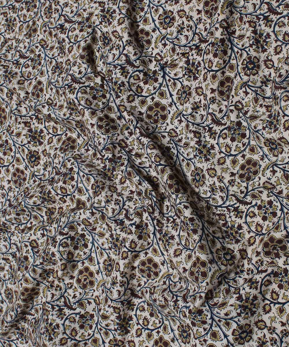Beige brown handblock printed cotton kalamkari fabric