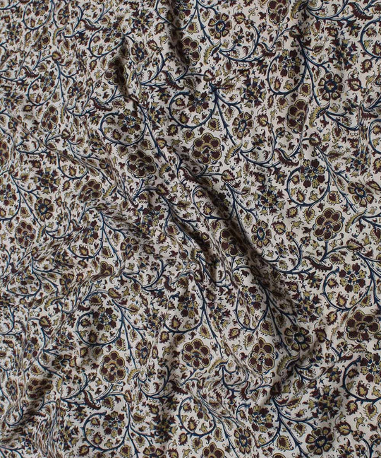 Beige brown handblock printed cotton kalamkari fabric