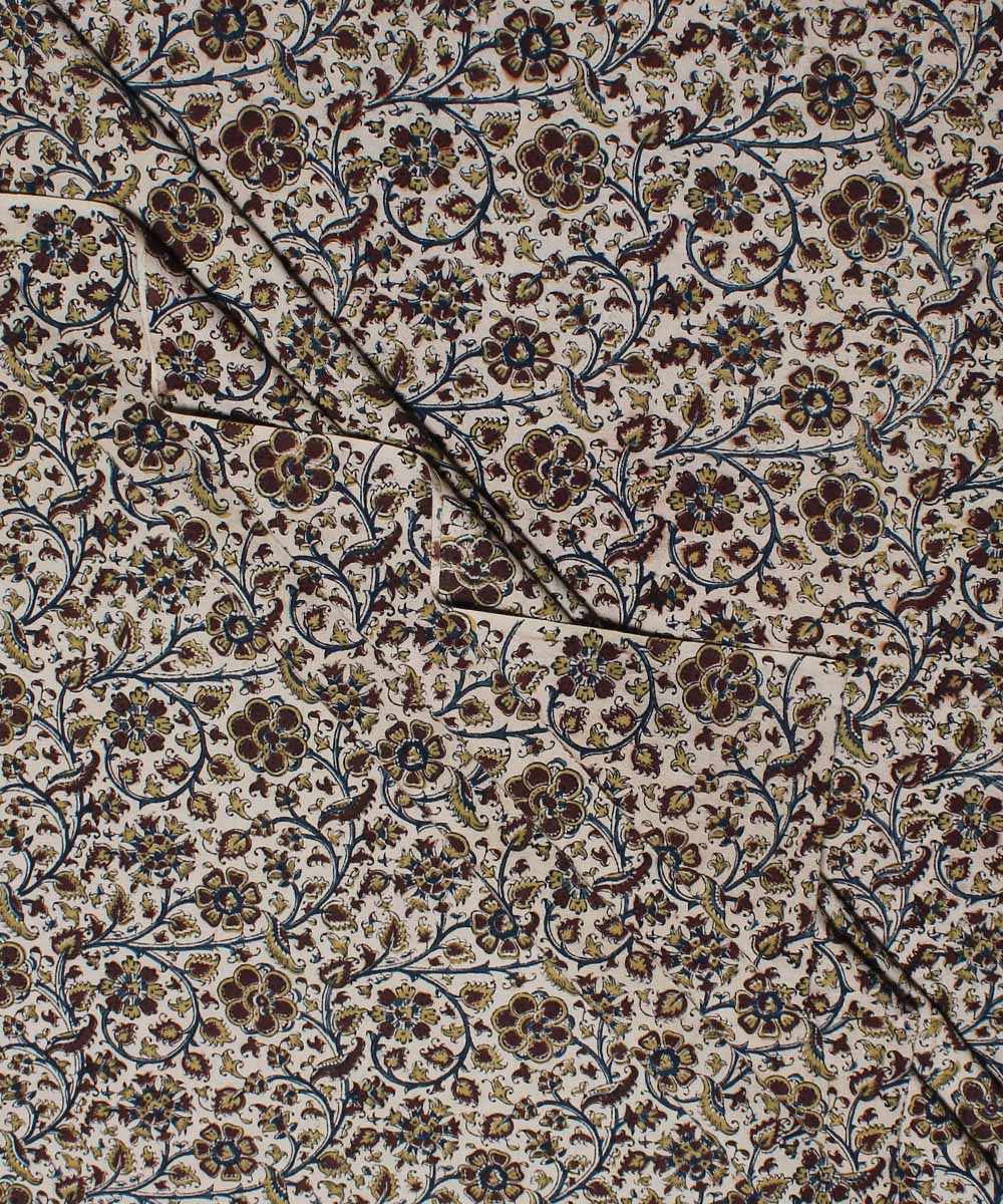 Beige brown handblock printed cotton kalamkari fabric
