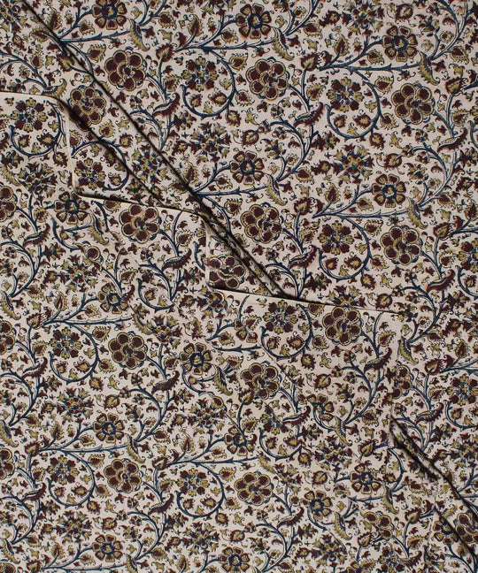 Beige brown handblock printed cotton kalamkari fabric