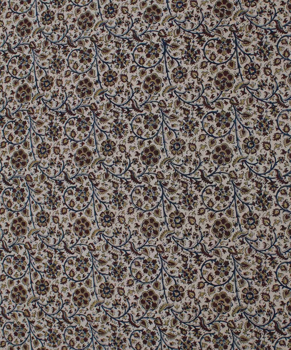 Beige brown handblock printed cotton kalamkari fabric