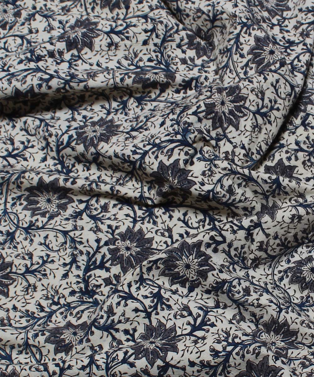 Beige grey handblock printed cotton kalamkari fabric