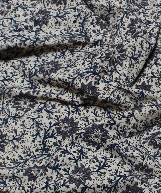 Beige grey handblock printed cotton kalamkari fabric