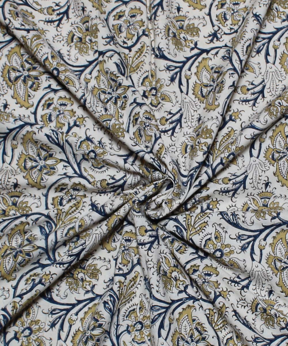 Beige yellow handblock printed cotton kalamkari fabric