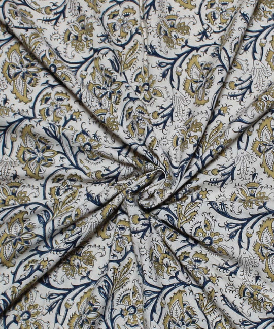 Beige yellow handblock printed cotton kalamkari fabric