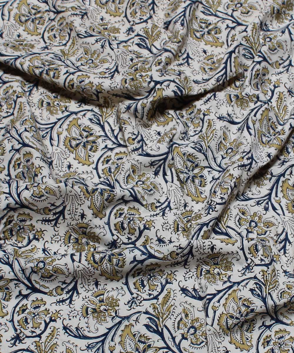 Beige yellow handblock printed cotton kalamkari fabric