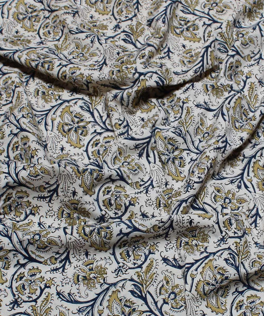 Beige yellow handblock printed cotton kalamkari fabric