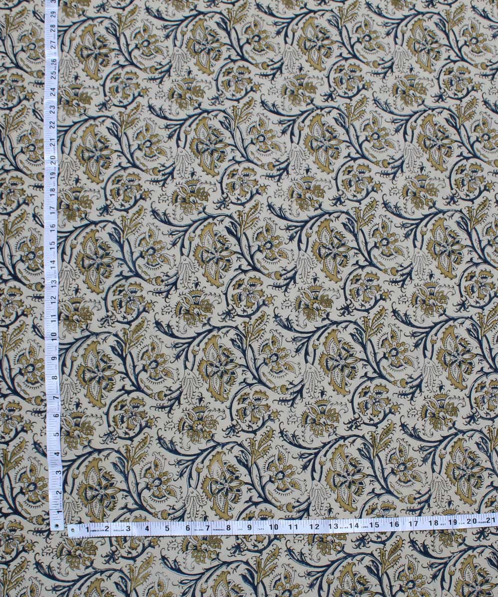 Beige yellow handblock printed cotton kalamkari fabric