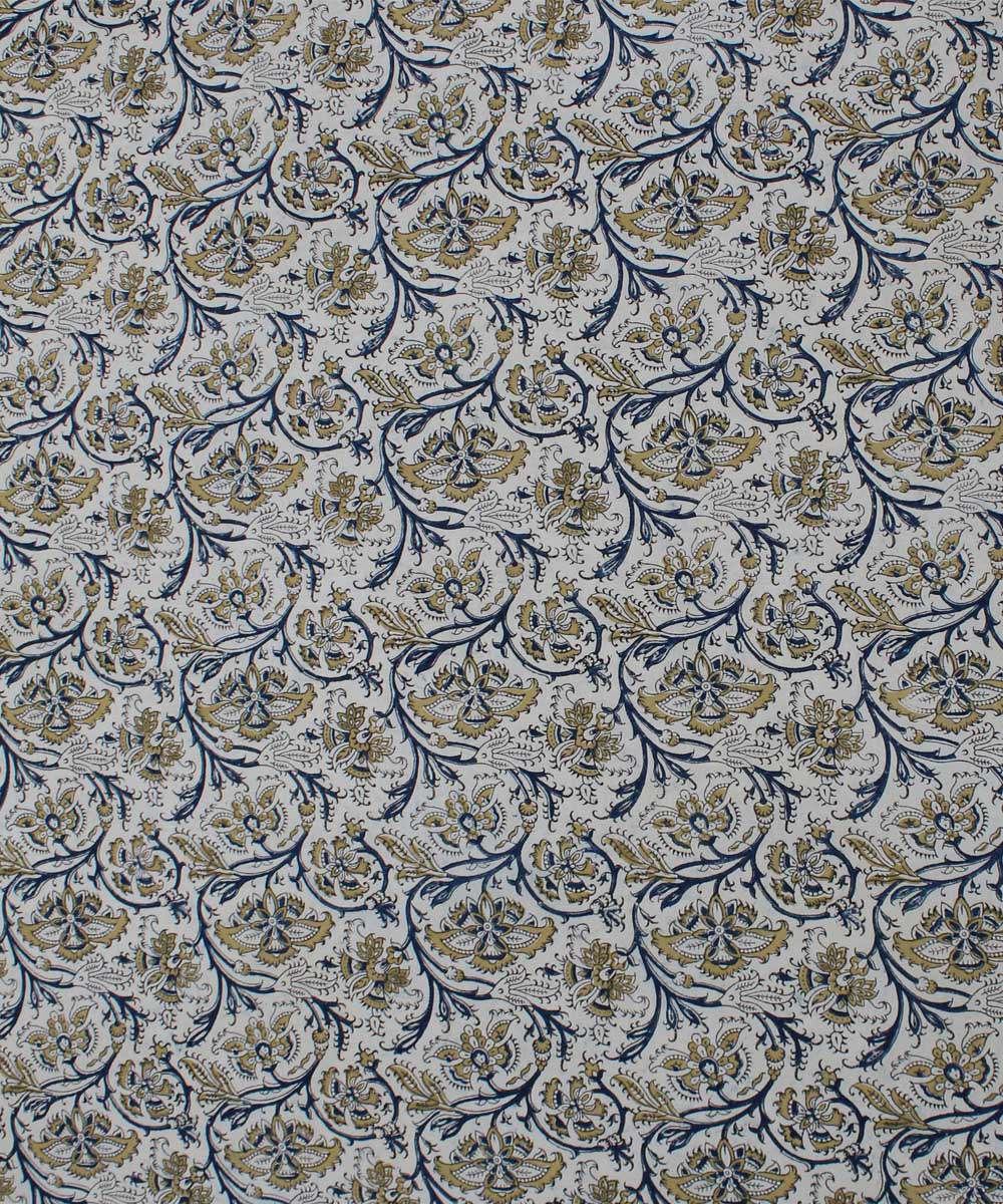 Beige yellow handblock printed cotton kalamkari fabric