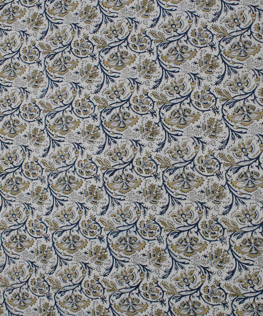 Beige yellow handblock printed cotton kalamkari fabric