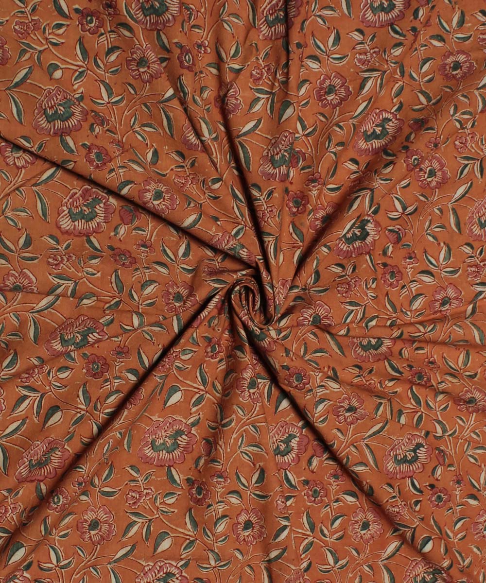 Orange handblock printed cotton kalamkari fabric