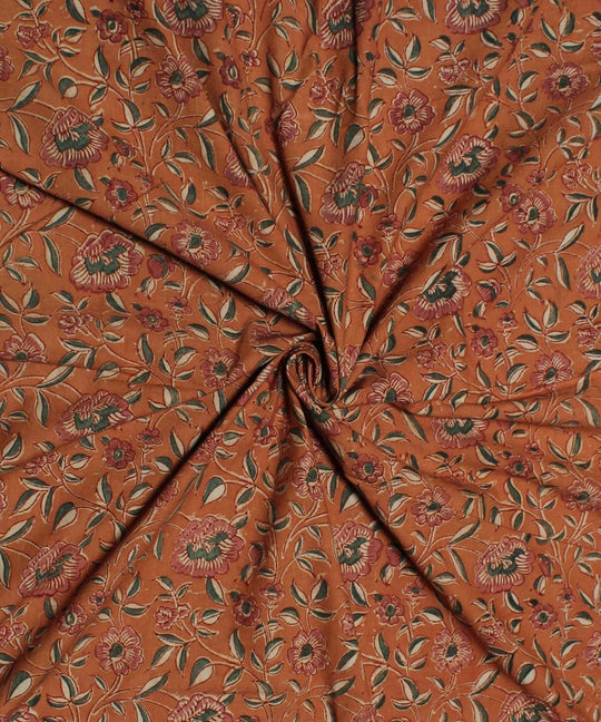 Orange handblock printed cotton kalamkari fabric