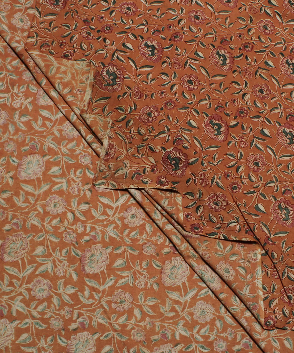 Orange handblock printed cotton kalamkari fabric