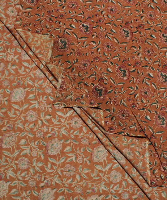 Orange handblock printed cotton kalamkari fabric