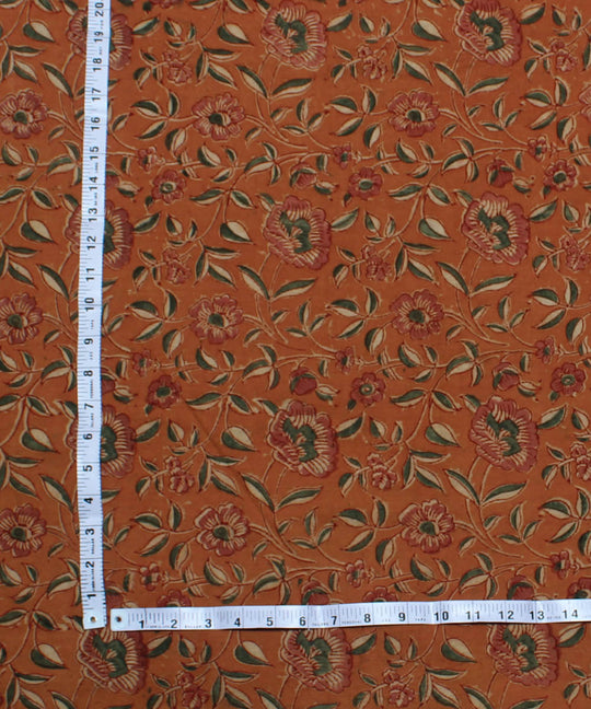 Orange handblock printed cotton kalamkari fabric