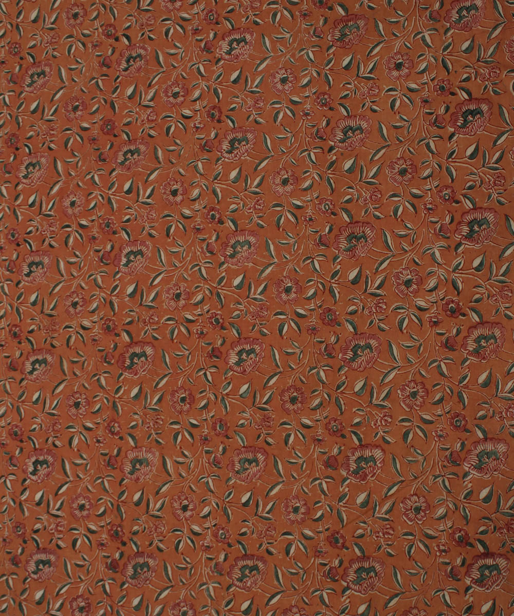 Orange handblock printed cotton kalamkari fabric