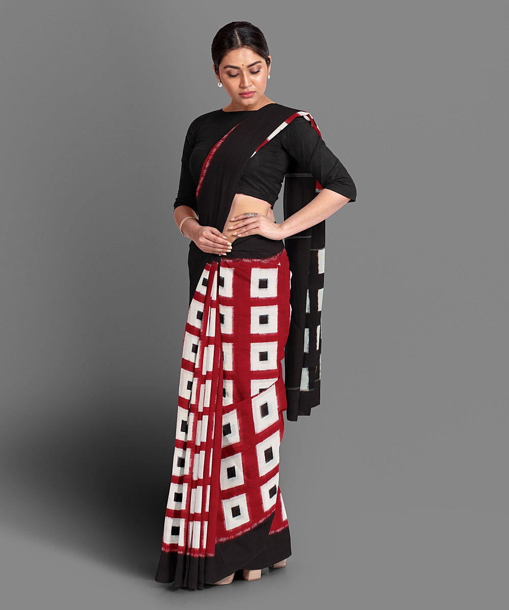 Red black handwoven cotton double ikat saree