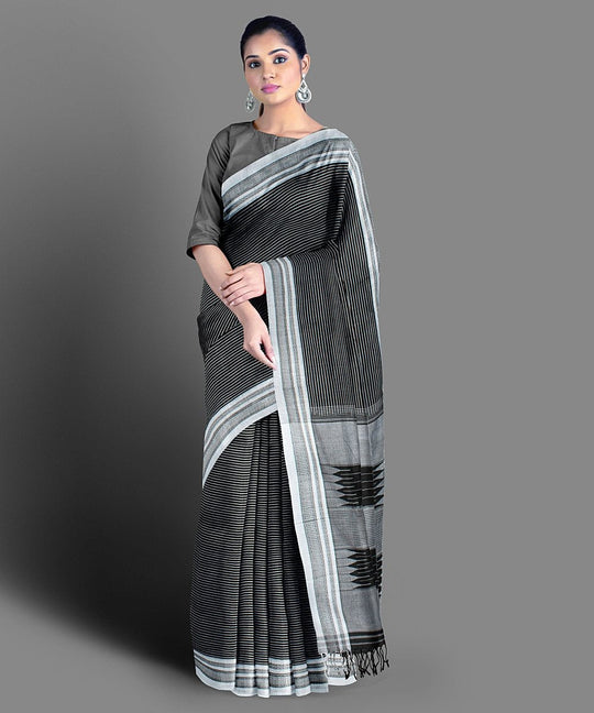 Black white stripe handwoven cotton ilkal saree