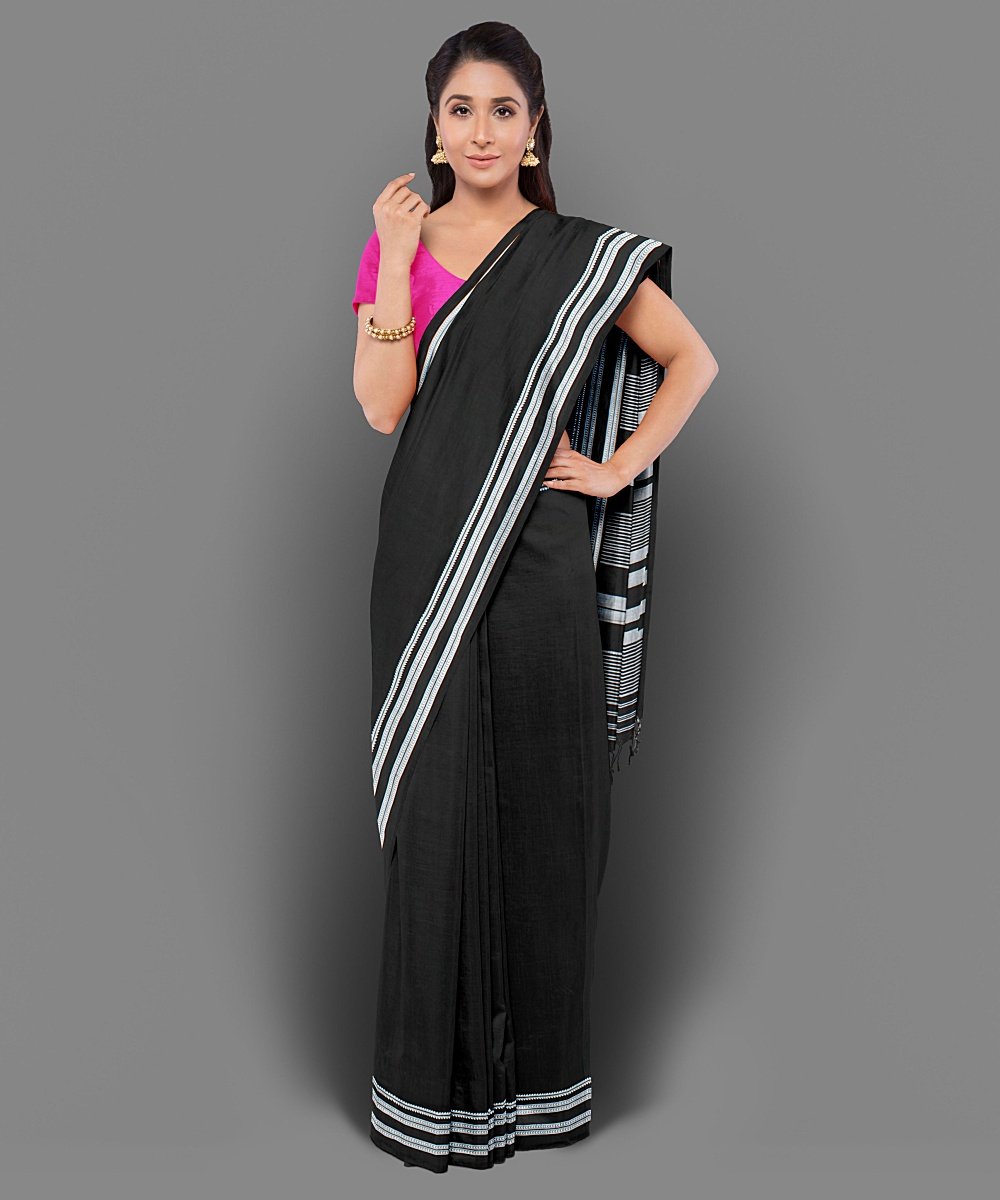 Black white hand woven cotton ilkal saree