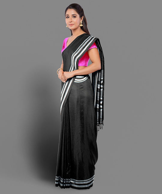 Black white hand woven cotton ilkal saree