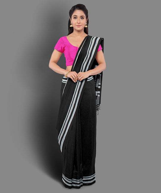 Black white hand woven cotton ilkal saree