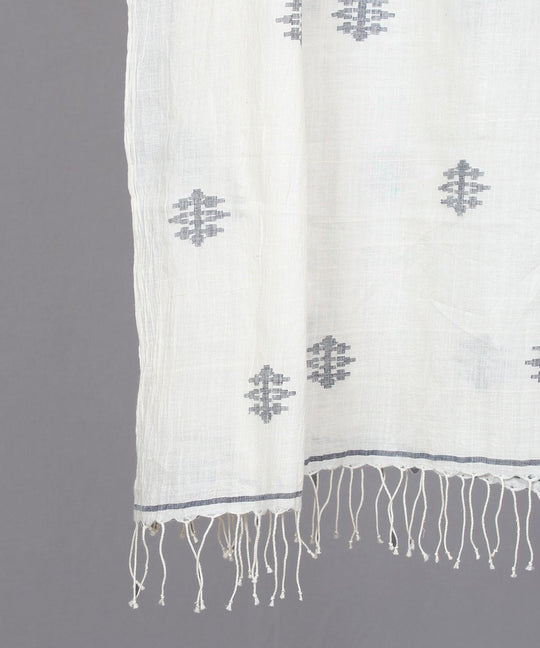 Natural white jamdani stole in black floral motif