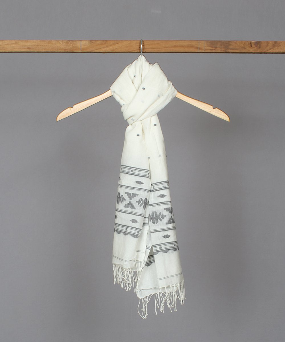 Natural white muslin stole in jamdani black motif