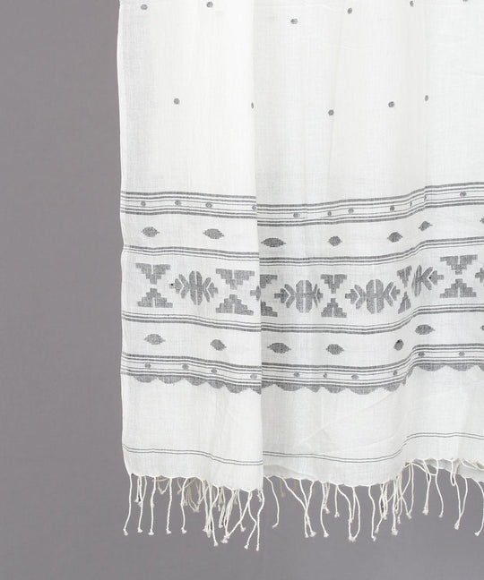 Natural white muslin stole in jamdani black motif
