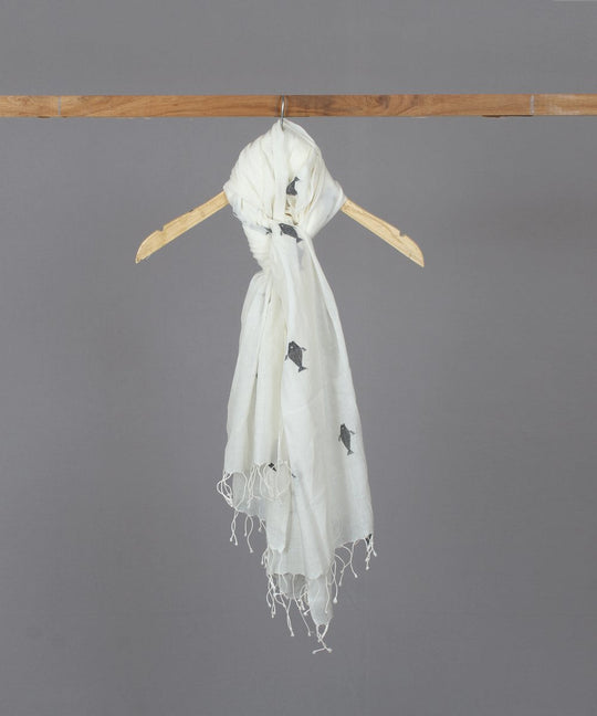 Black fish motif in white jamdani stole