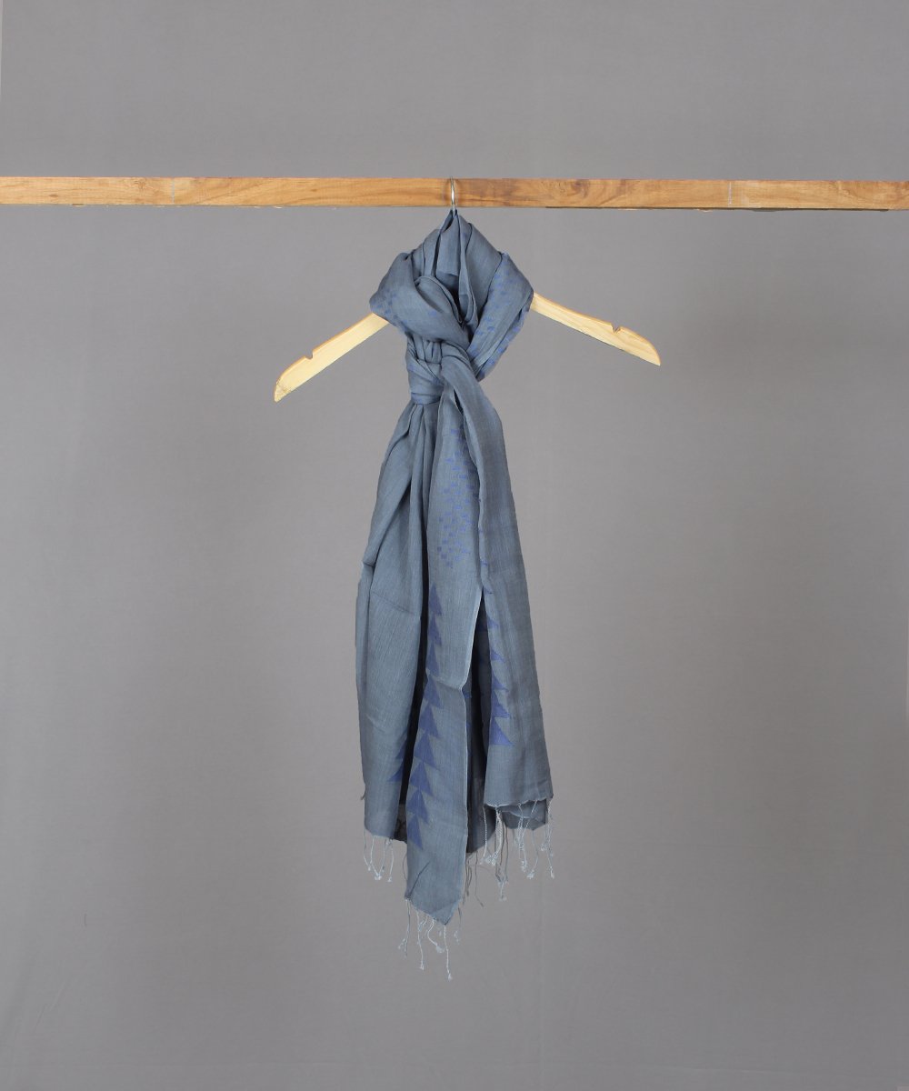 Bluish grey jamdani stole in blue motif