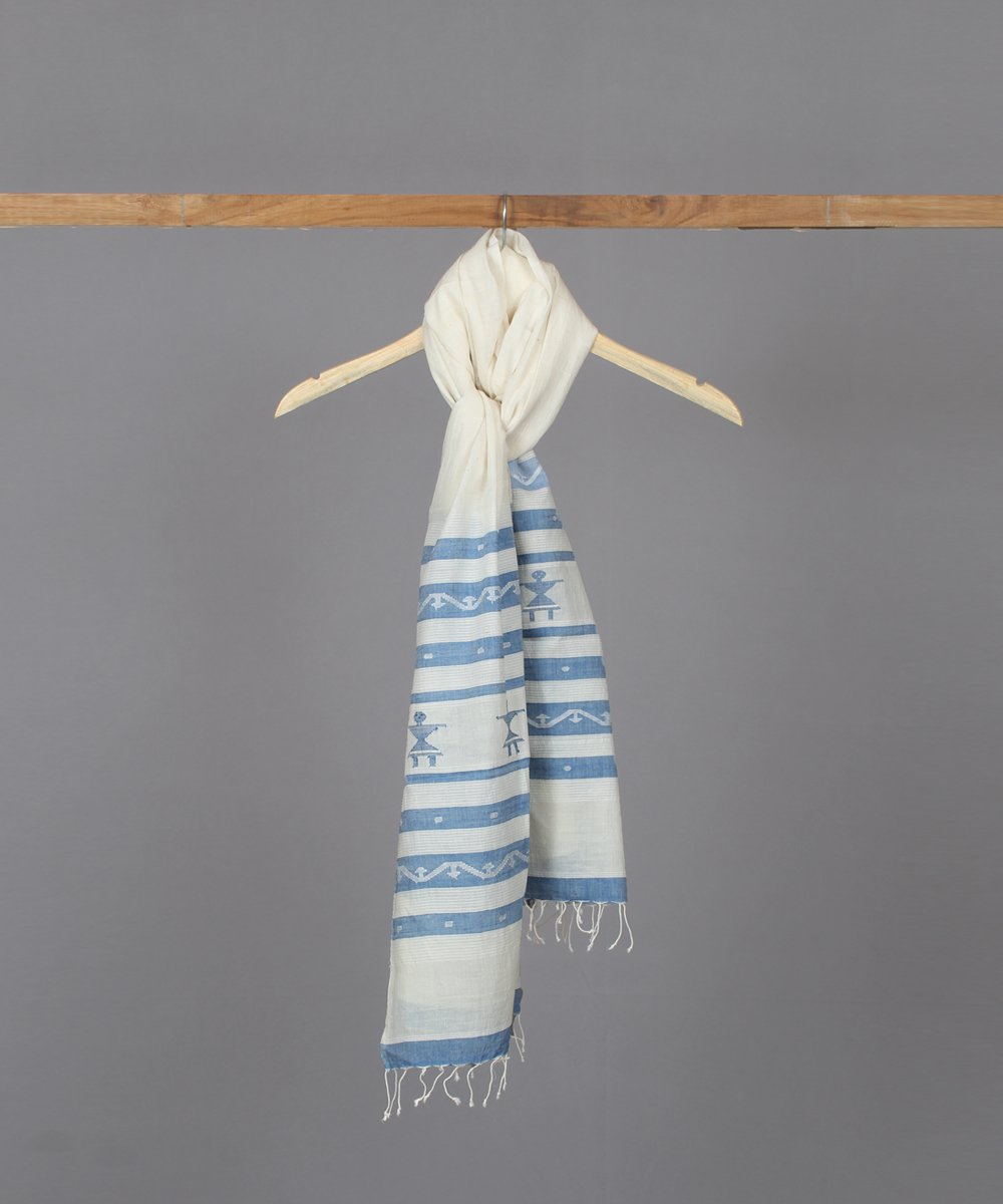 Blue doll motif in white jamdani stole
