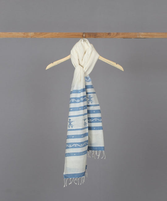 Blue doll motif in white jamdani stole