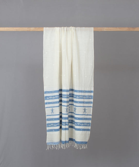 Blue doll motif in white jamdani stole