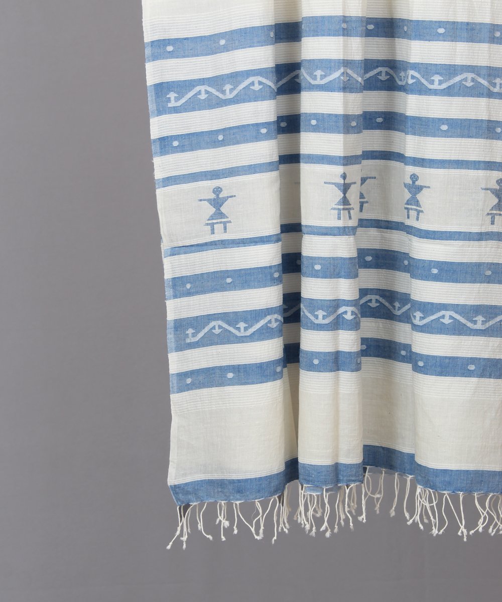 Blue doll motif in white jamdani stole