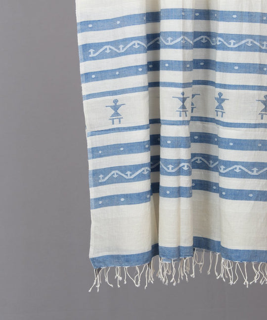 Blue doll motif in white jamdani stole