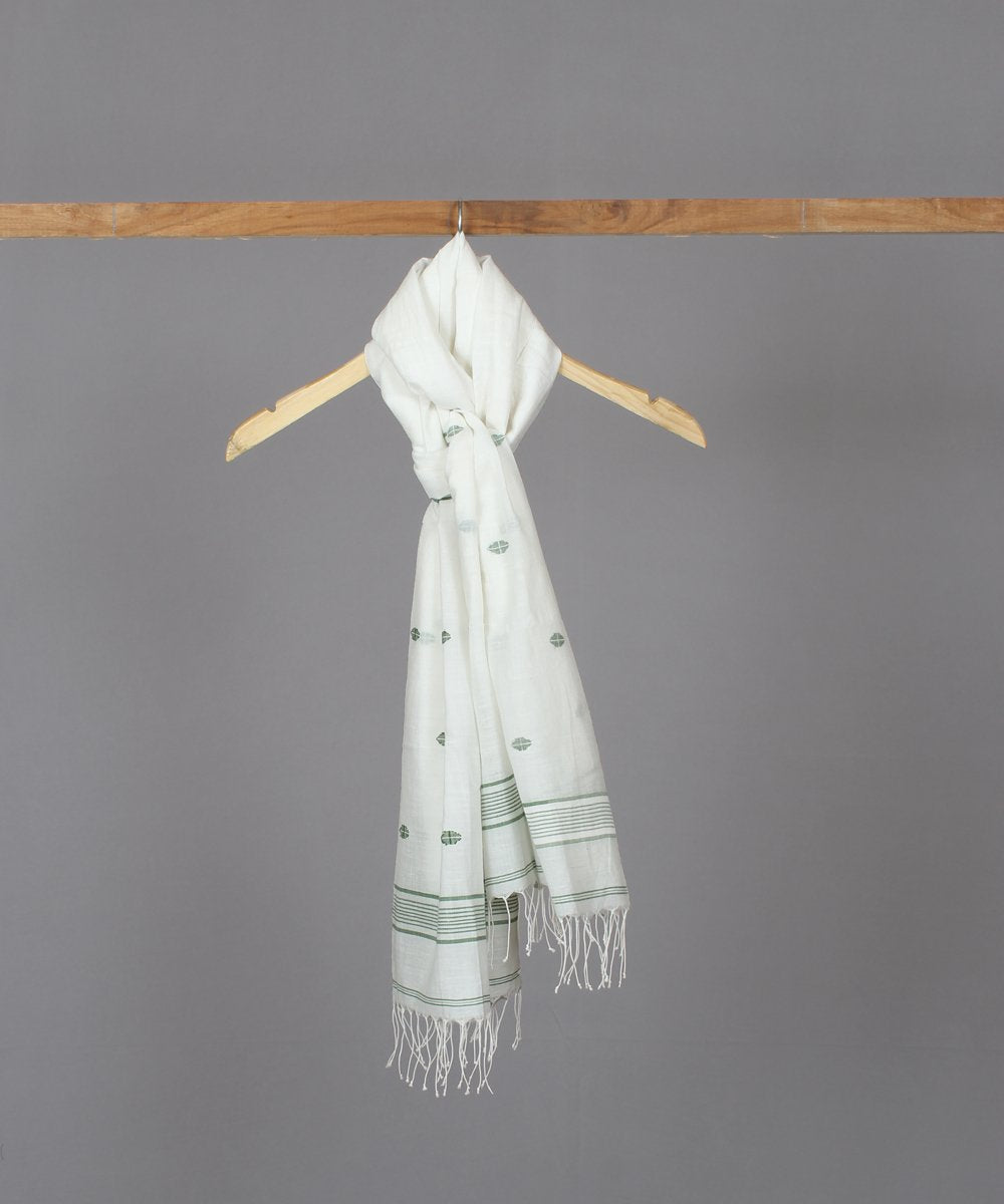 Green motif in white jamdani stole