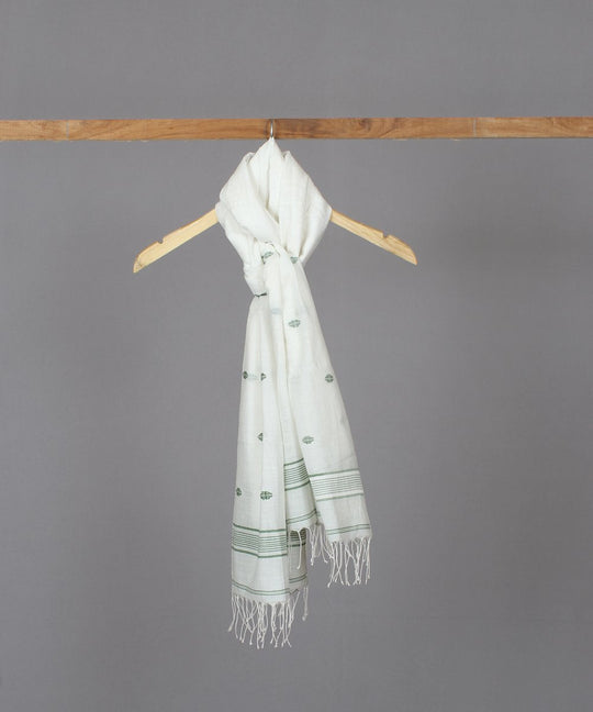 Green motif in white jamdani stole