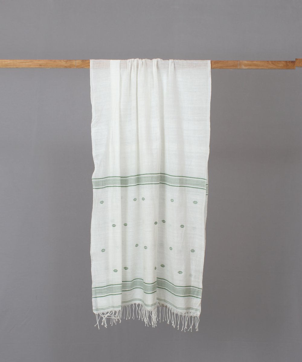 Green motif in white jamdani stole