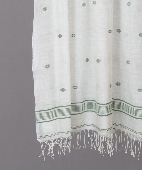 Green motif in white jamdani stole