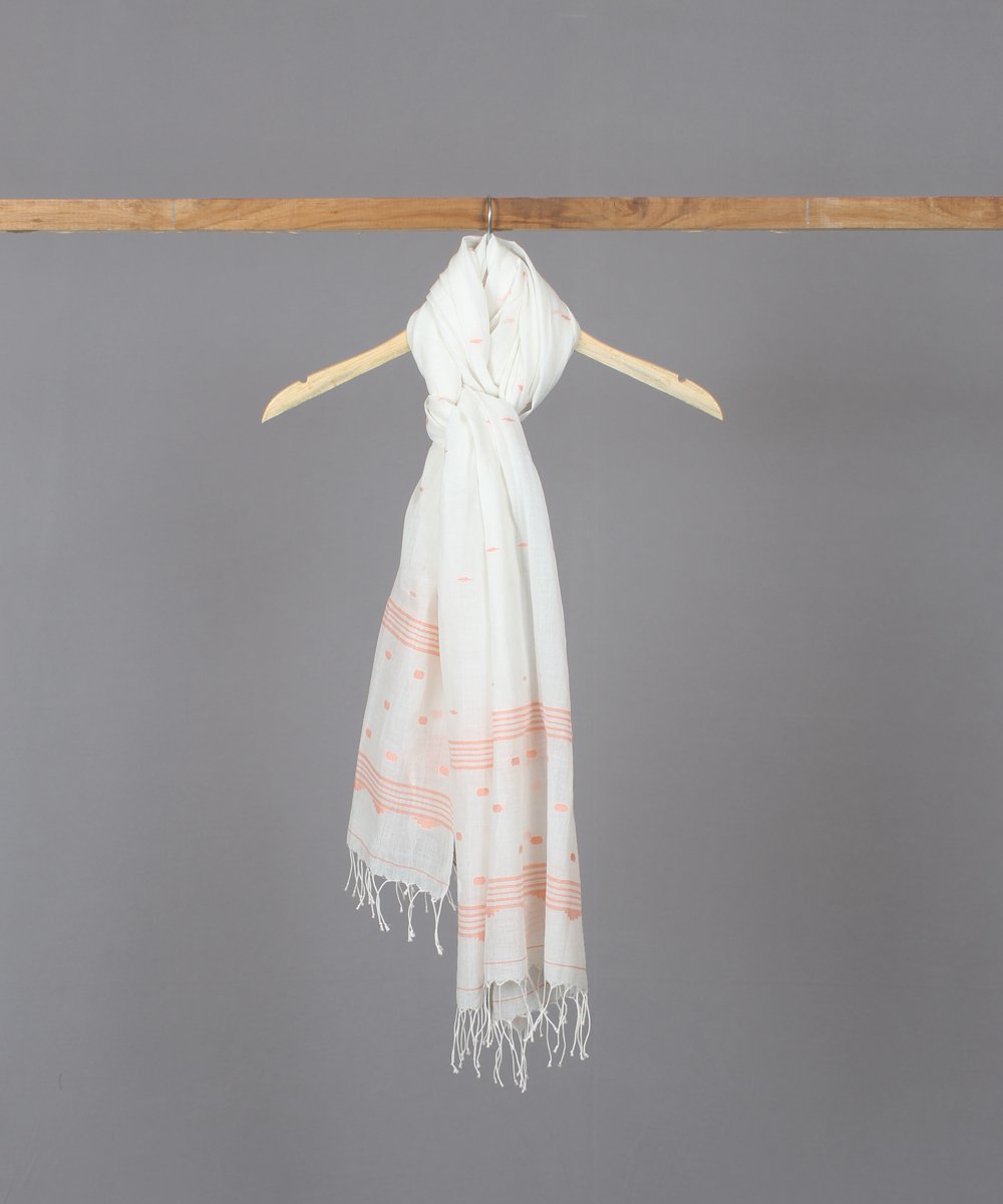 Peach motif in white jamdani stole