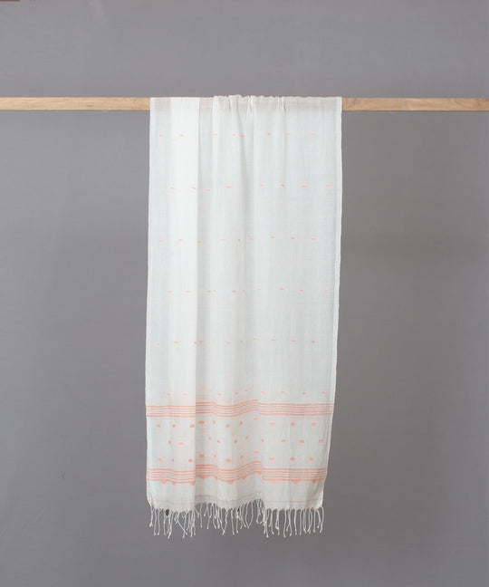 Peach motif in white jamdani stole