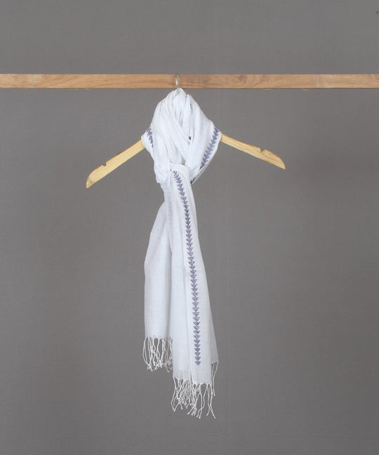 Solid white stole with blue jamdani border