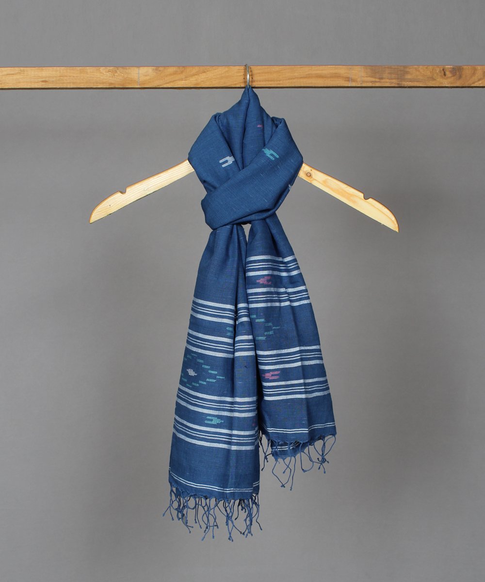 Navy blue handspun handloom cotton jamdani stole