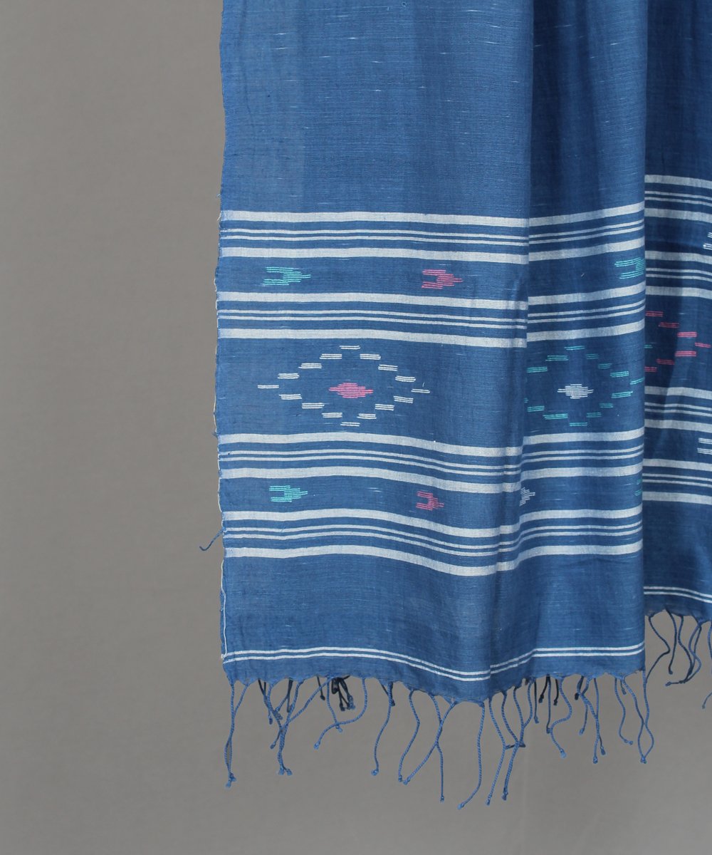 Navy blue handspun handloom cotton jamdani stole