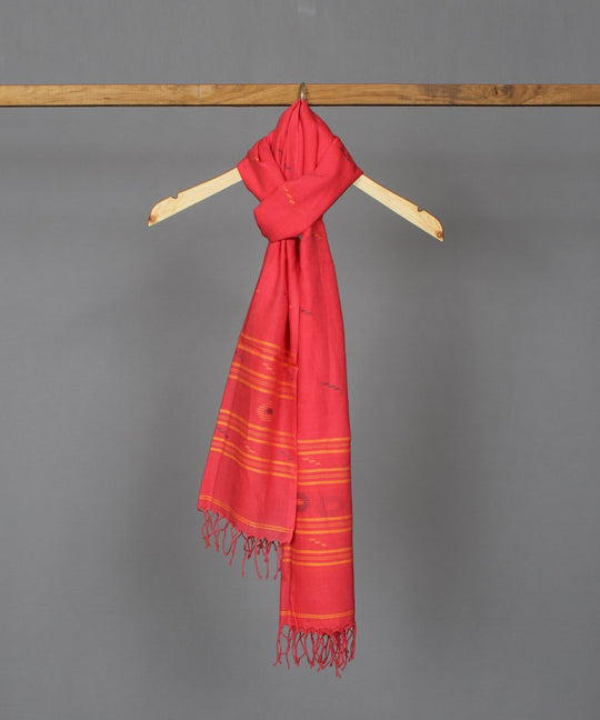 Pinkish red muslin stole in multicolor jamdani motif