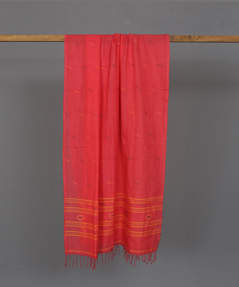 Pinkish red muslin stole in multicolor jamdani motif