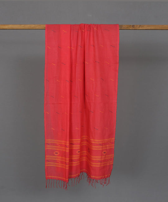 Pinkish red muslin stole in multicolor jamdani motif