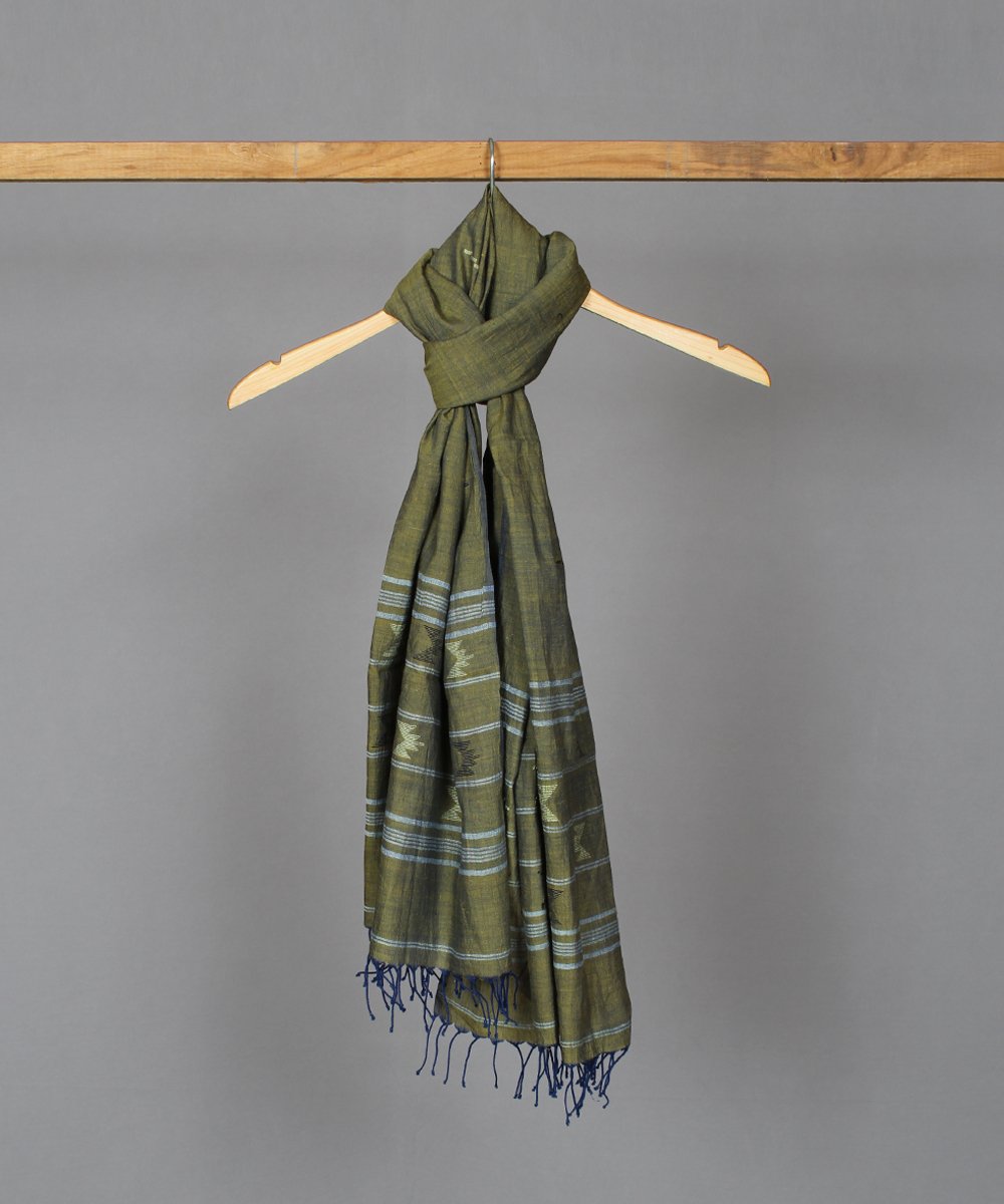 Olive muslin stole in multicolor jamdani motif